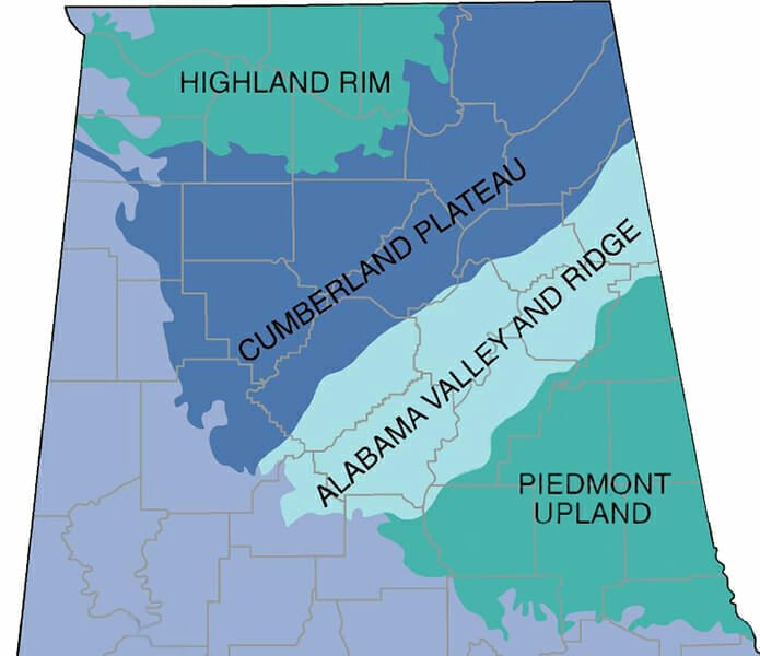Map showing the location of the Piedmont Upland section in Alabama