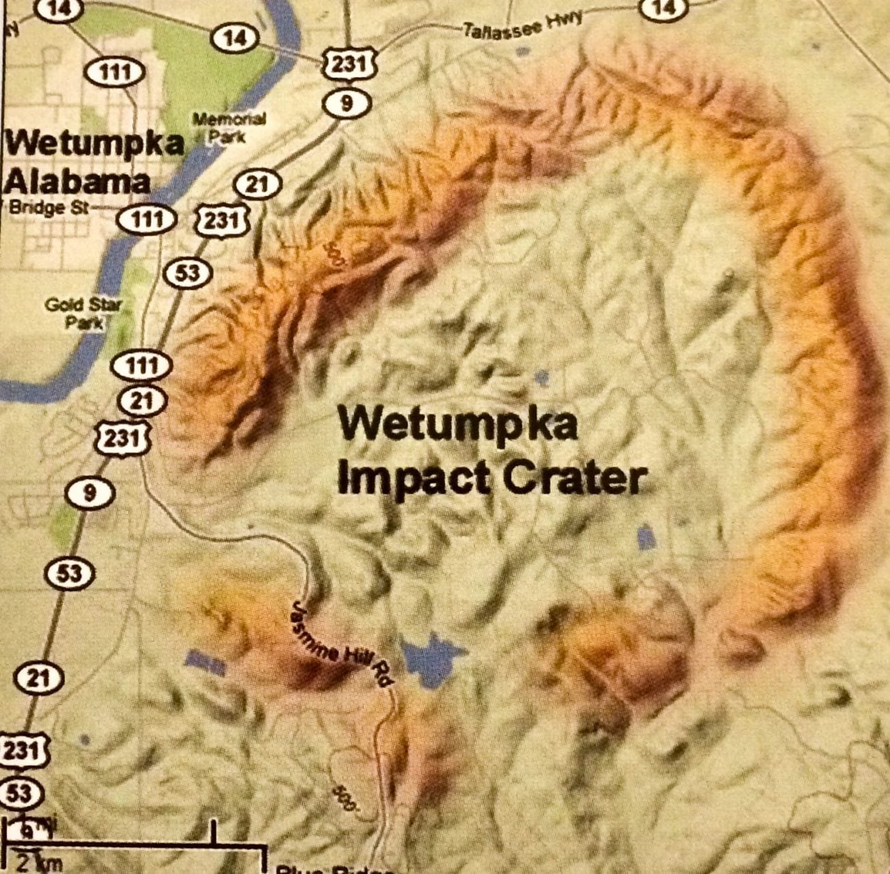Elevation diagram of the Wetumpka meteorite impact crater in Alabama