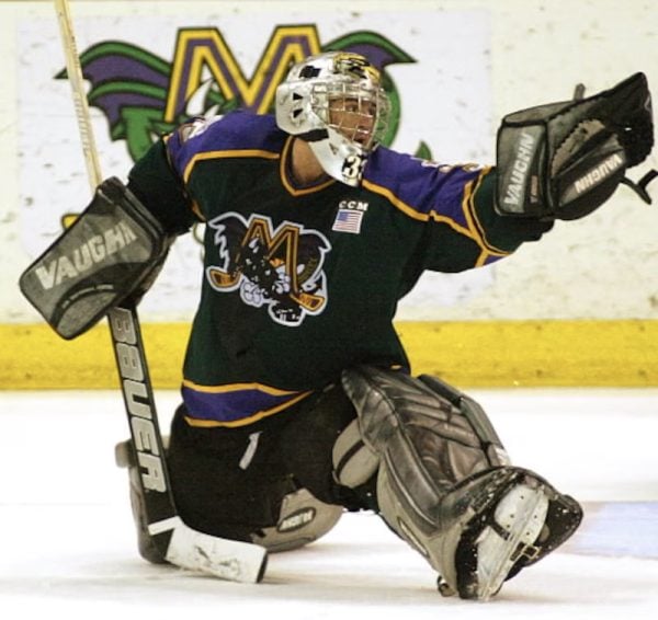 Jeff Reynaert of the Mobile Mystics ice hockey team competes in the team's last-ever home game in 2002